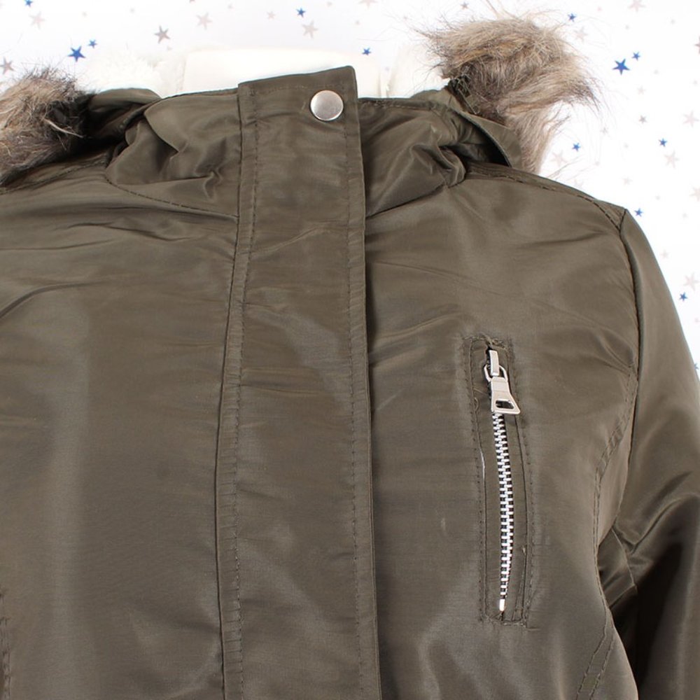Olive Faux Fur Hooded Sherpa Lined Jacket - Picture 5 of 11